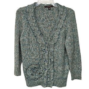 Fever Woman's Button Front Size Medium Cardigan Ruffles 3D Flower Green Feminine